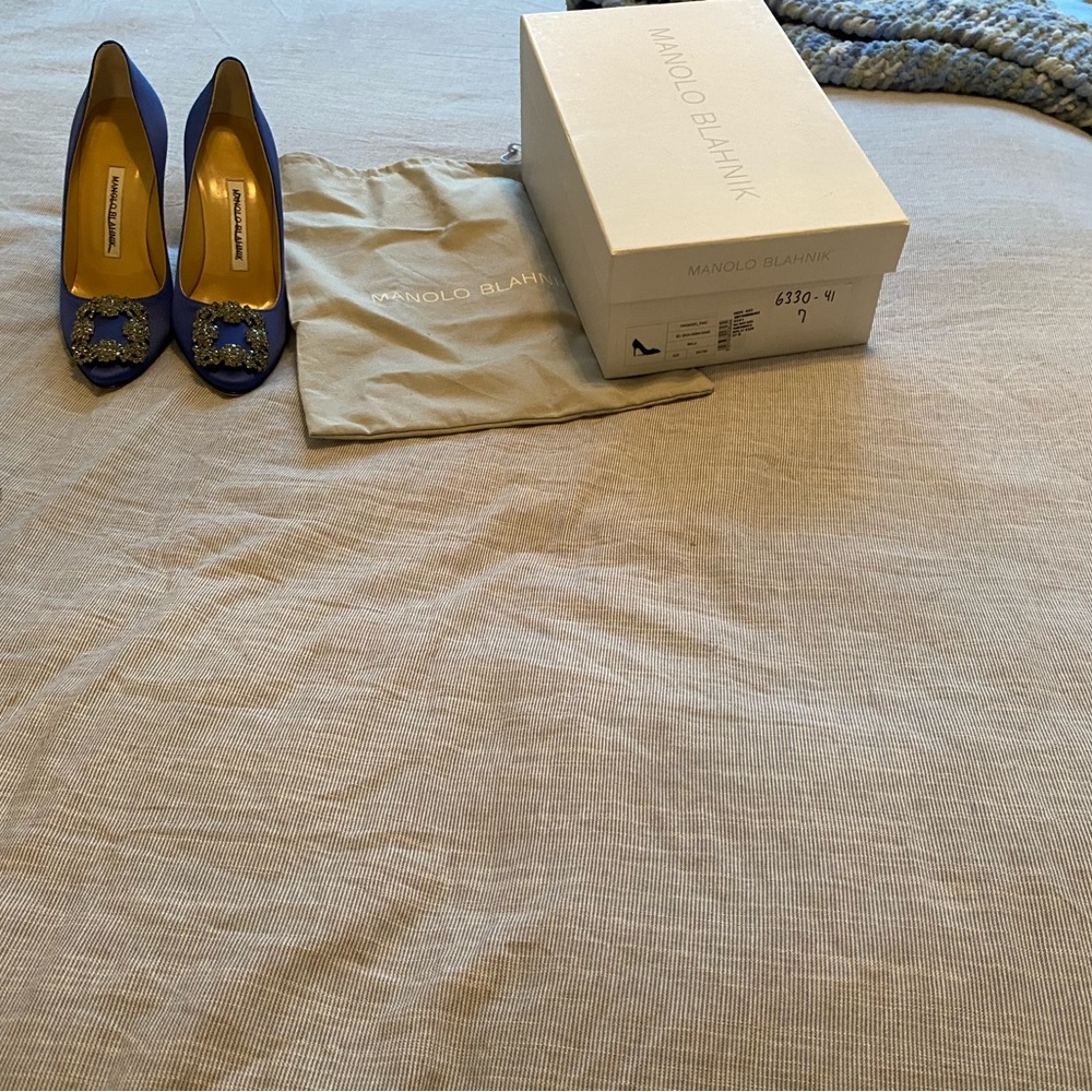 Blue jeweled Manola Blahniks. Slip Heel 3-4 in